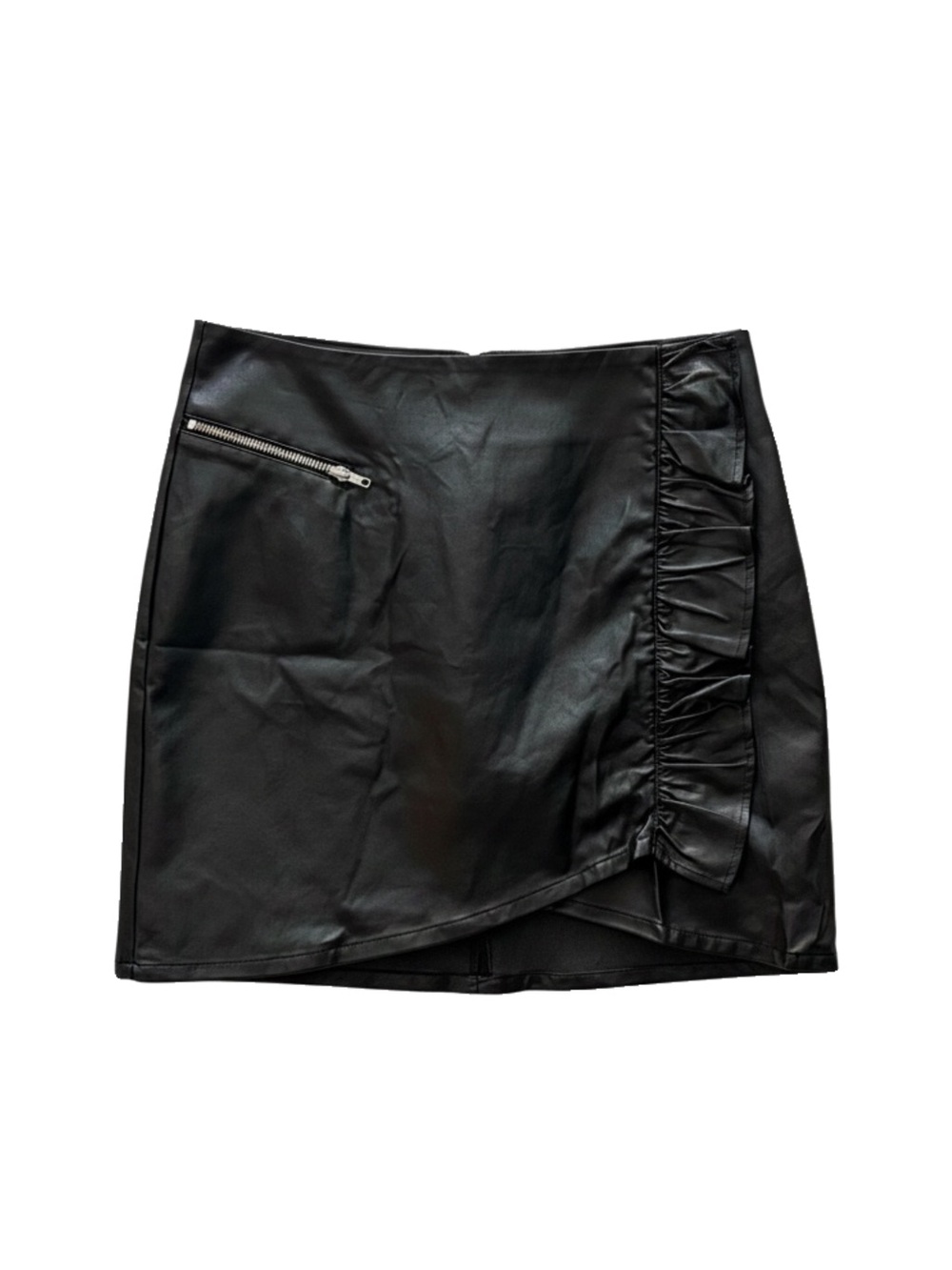 THML Black Faux Leather Mini Skirt with Side Ruffle & Zip Detail